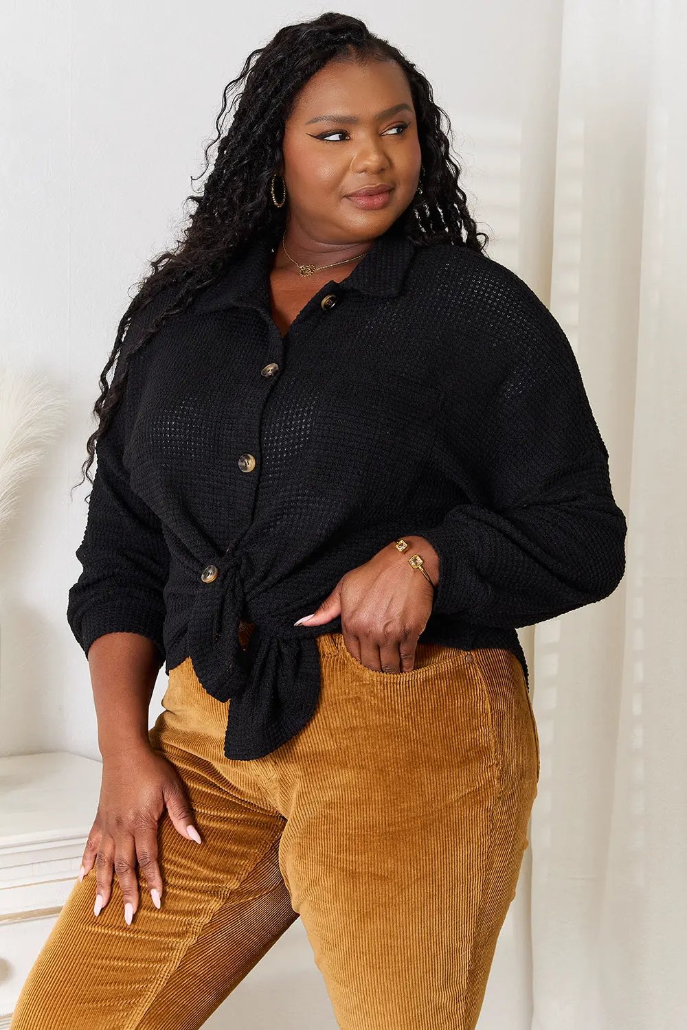 Double Take Waffle-Knit Collared Neck Dropped Shoulder Shirt by Double Take