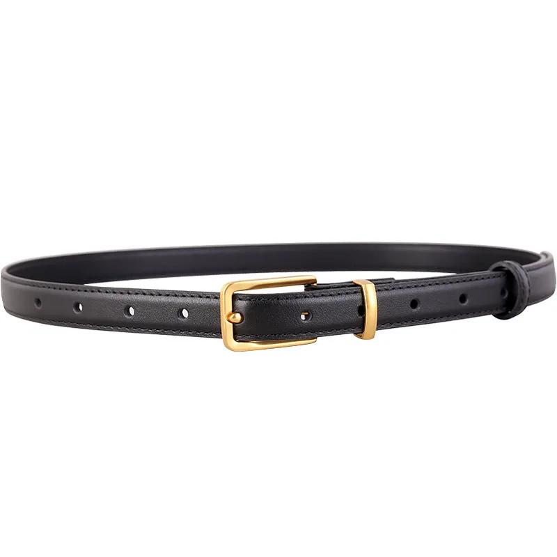 Leather Skinny Belt with Golden Buckle by Trendsi