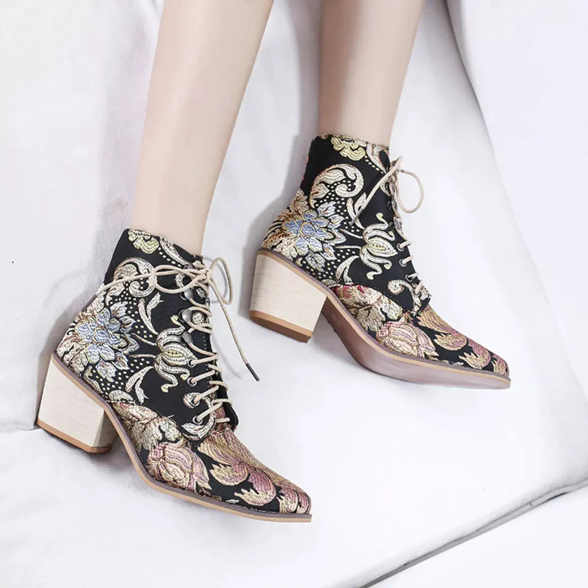 Embroidered Floral Lace-Up Ankle Boots by Partner Label