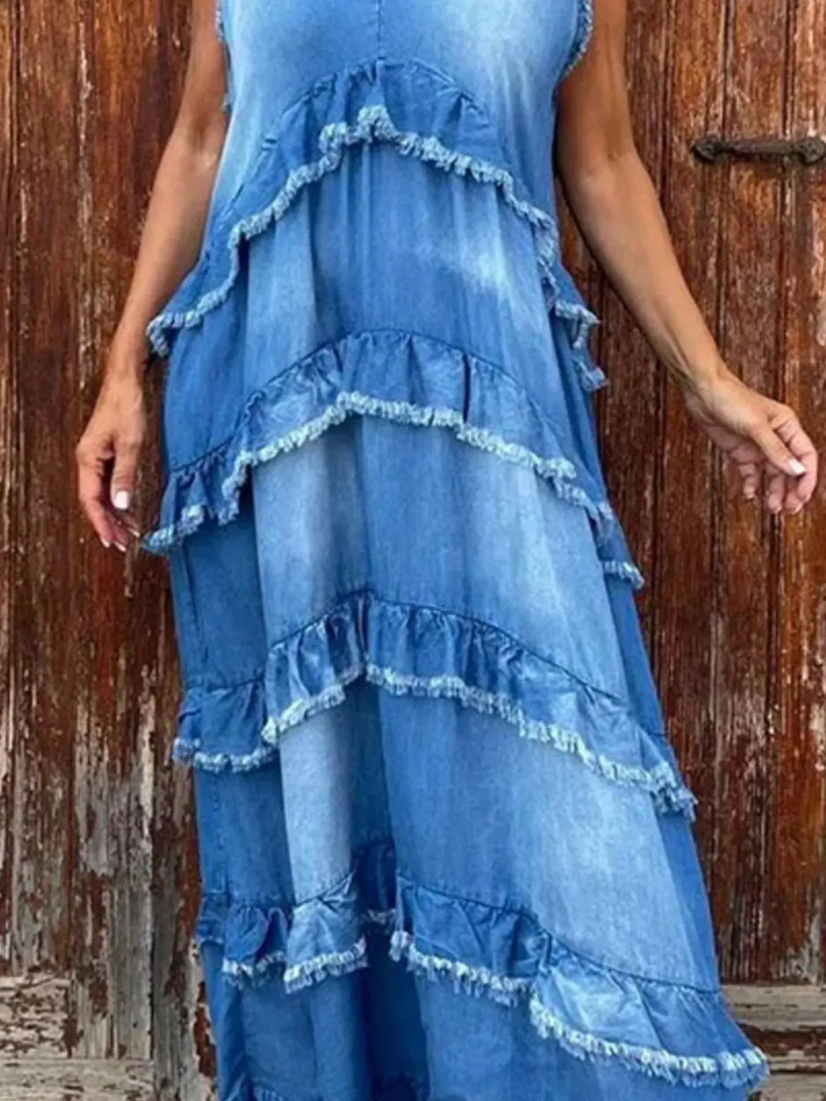 Raw Hem Layered Denim Maxi Dress by Partner Label