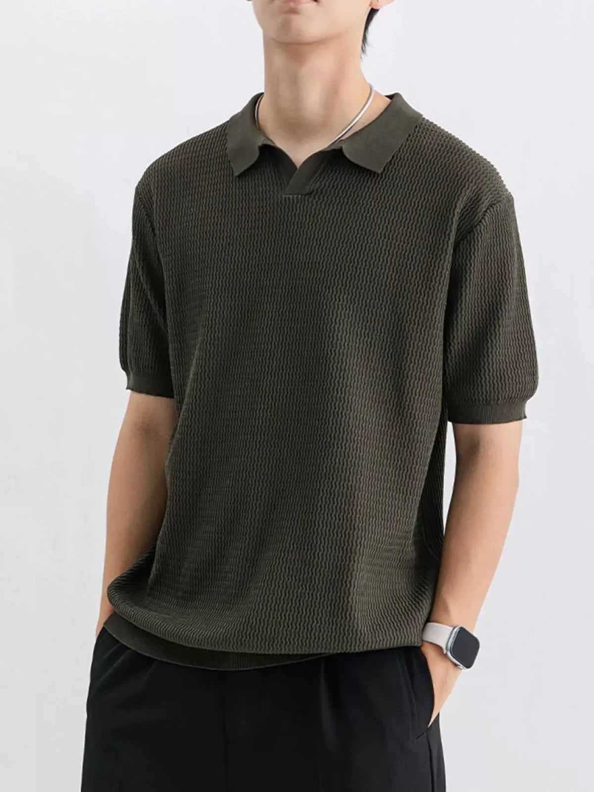 Men's Plus Size Textured Knit Short Sleeve Polo by Trendsi