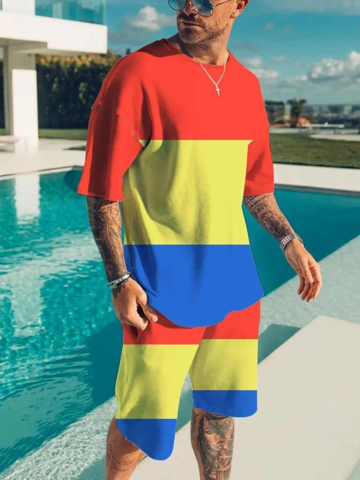 Men's Full Size Color Block Tee and Shorts Set Plus Size by Trendsi