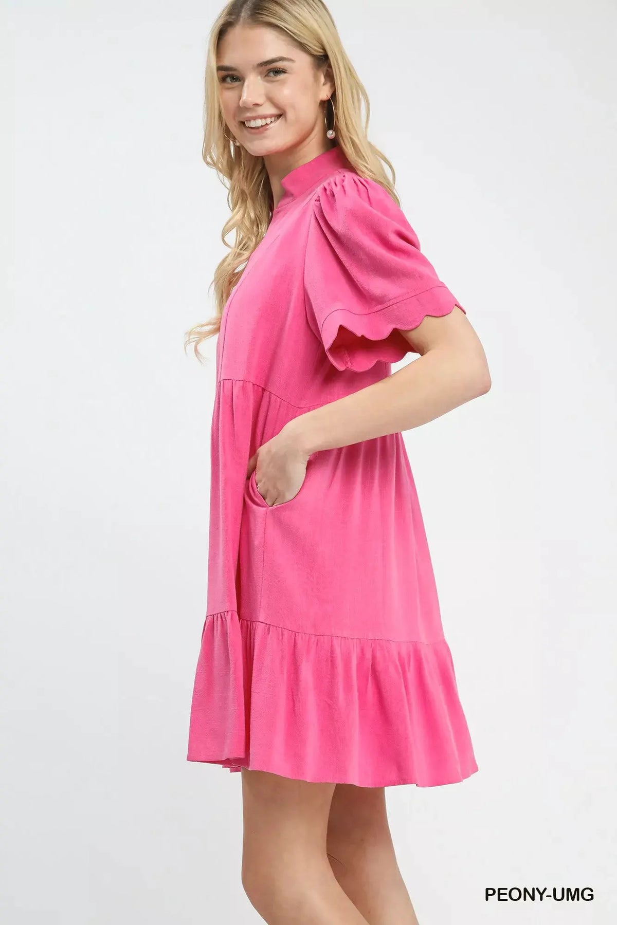 Umgee Linen Tiered Babydoll Dress with Scalloped Sleeves by Umgee