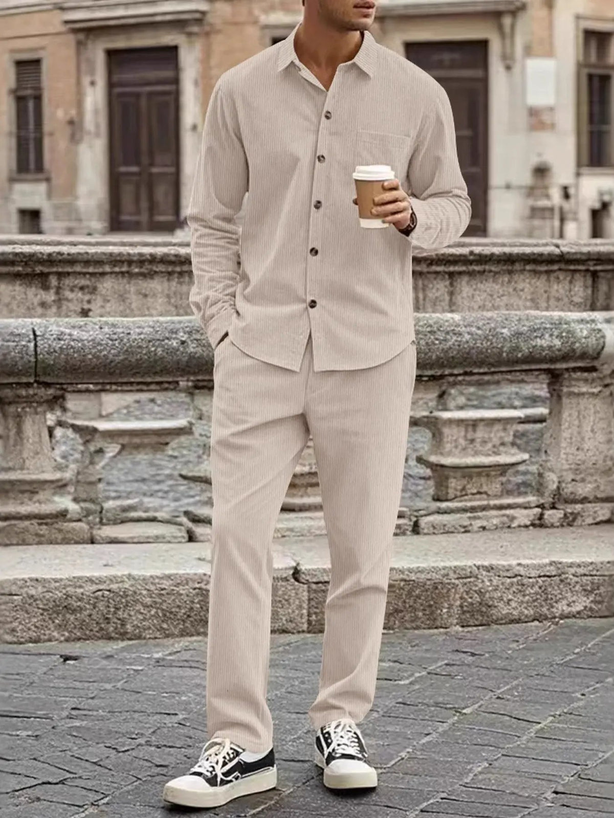 Men's Full Size Button Up Long Sleeve Shirt and Pants Set Plus Size by Trendsi