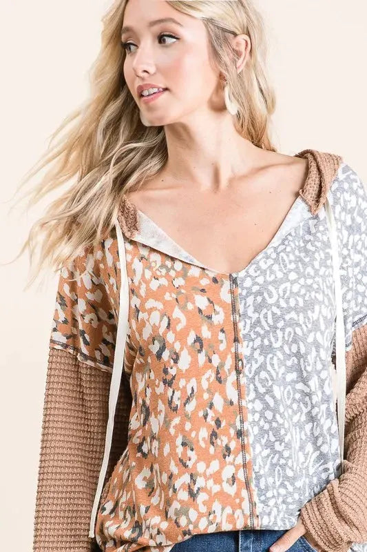 BiBi Popcorn Waffle Knit Hoodie with Print Block Front by BiBi
