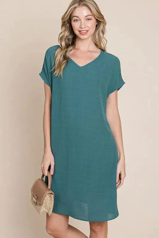 BOMBOM V-Neck Short Sleeve Dress with Pockets by BOMBOM