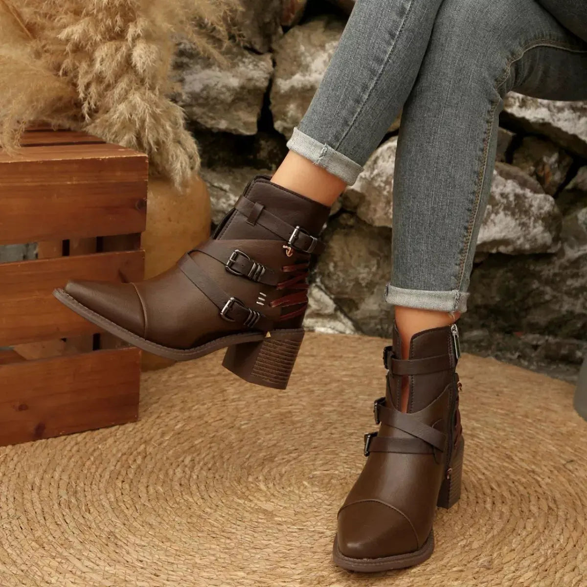 Point Toe Buckle Strap Ankle Boots with Block Heels by Partner Label