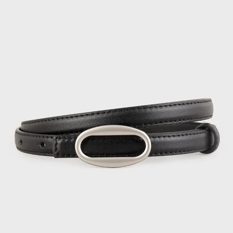 Oval Buckle Skinny Leather Belt by Trendsi