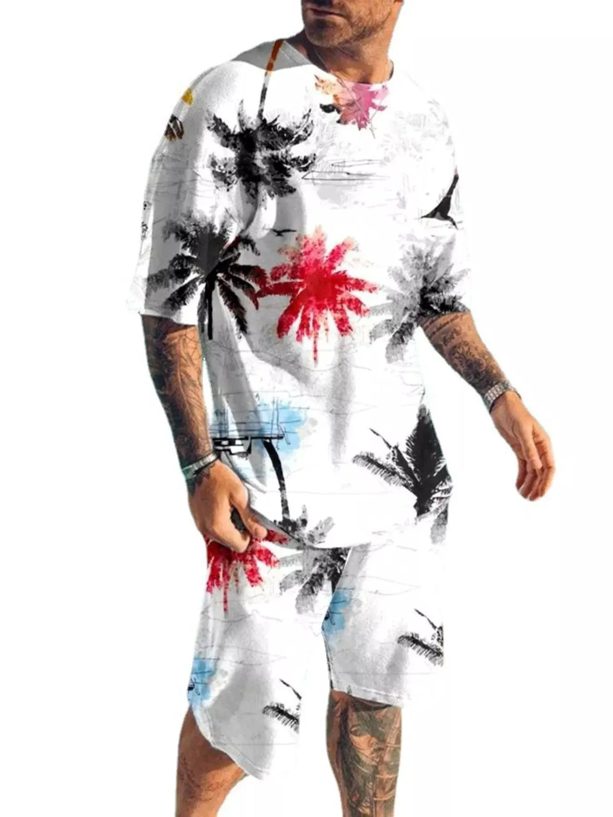 Men's Full Size Palm Tree Print Top and Shorts Set Plus Size by Trendsi