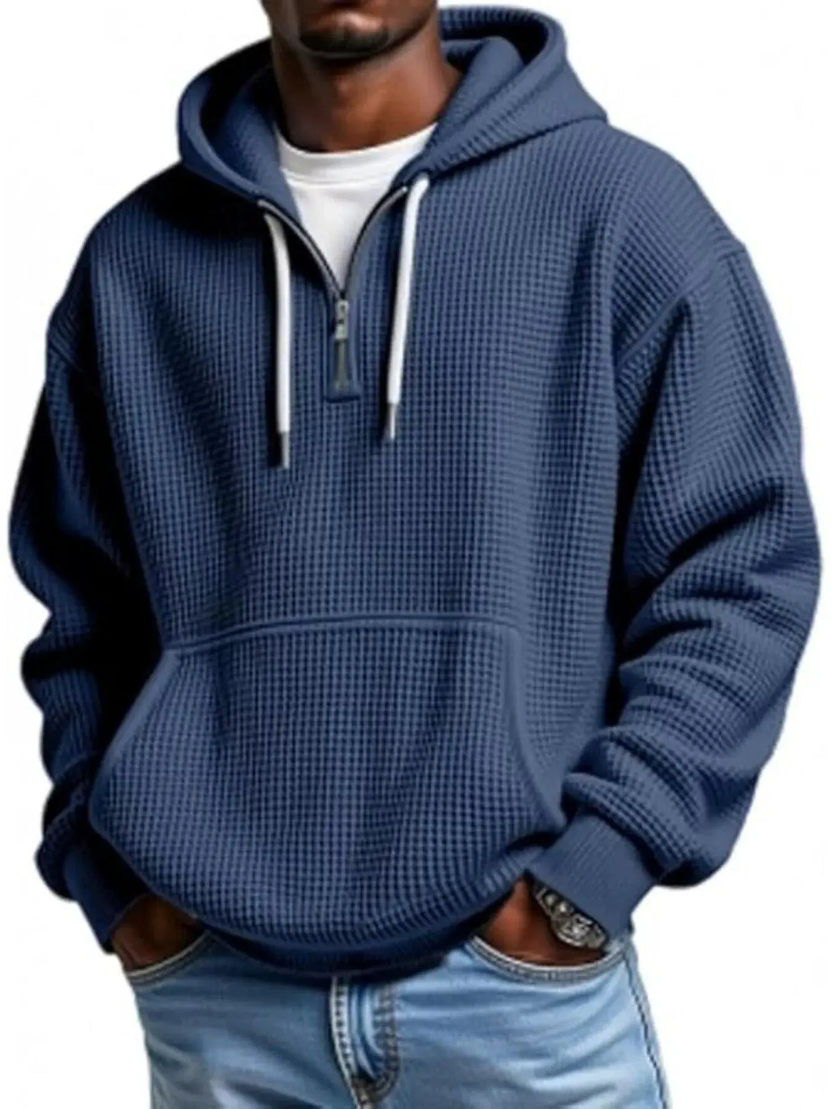 Men's Full Size Waffle Knit Quarter Zip Hoodie Plus Size by Trendsi