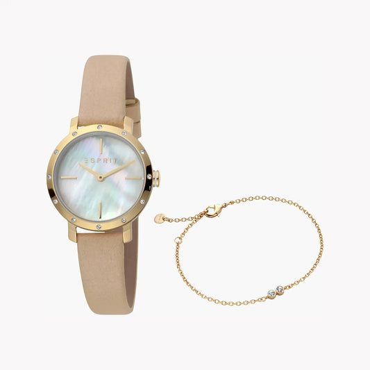 Esprit Women's Beige Leather Watch, White Mother Of Pearls | Es1l123m0016 by ESPRIT