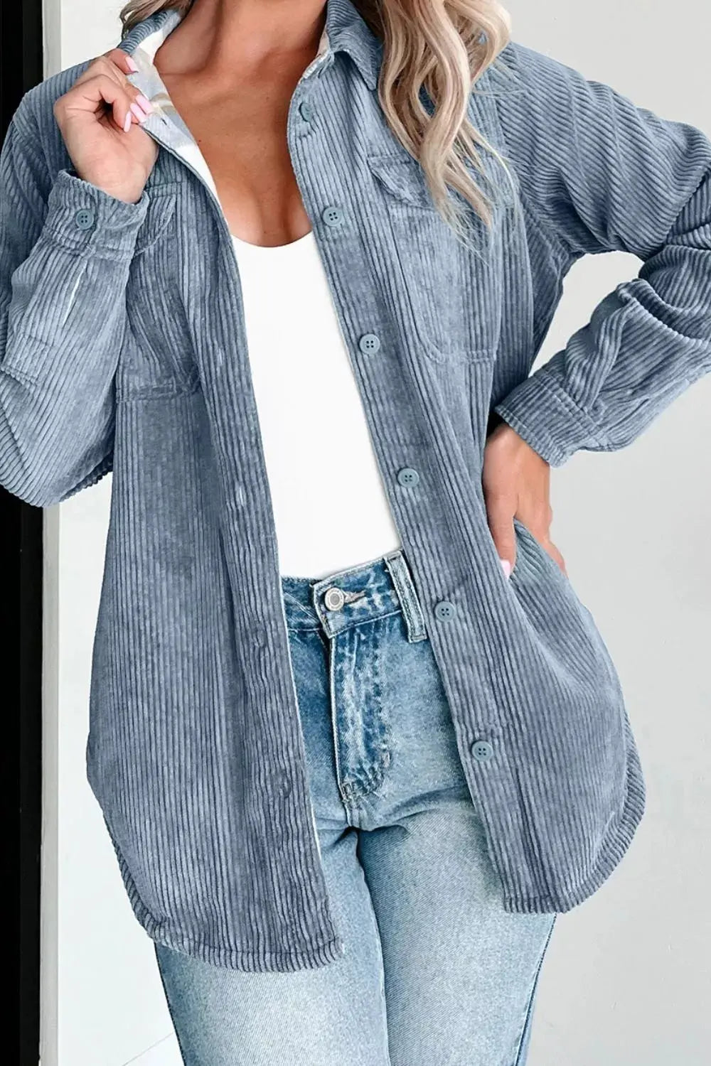 Corduroy Plaid Button-Up Shacket by Partner Label