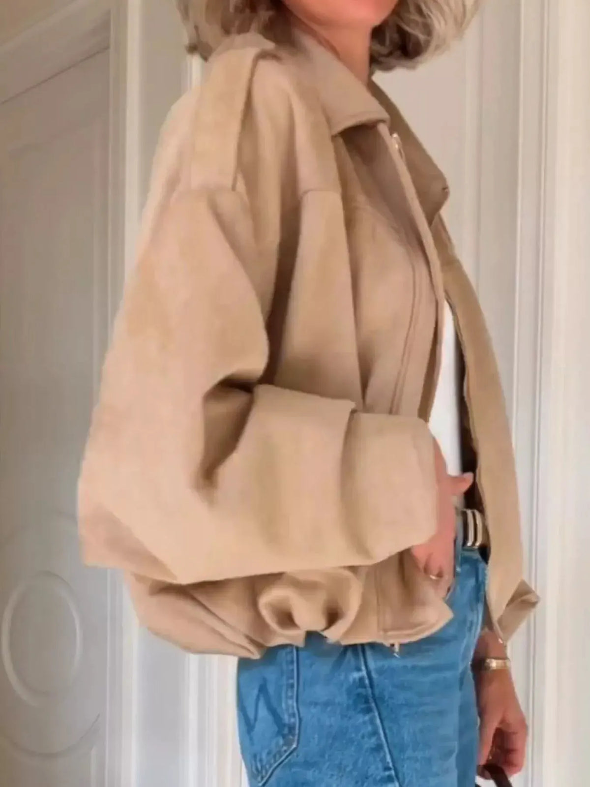 Zip Up Dropped Shoulder Suede Jacket by Partner Label
