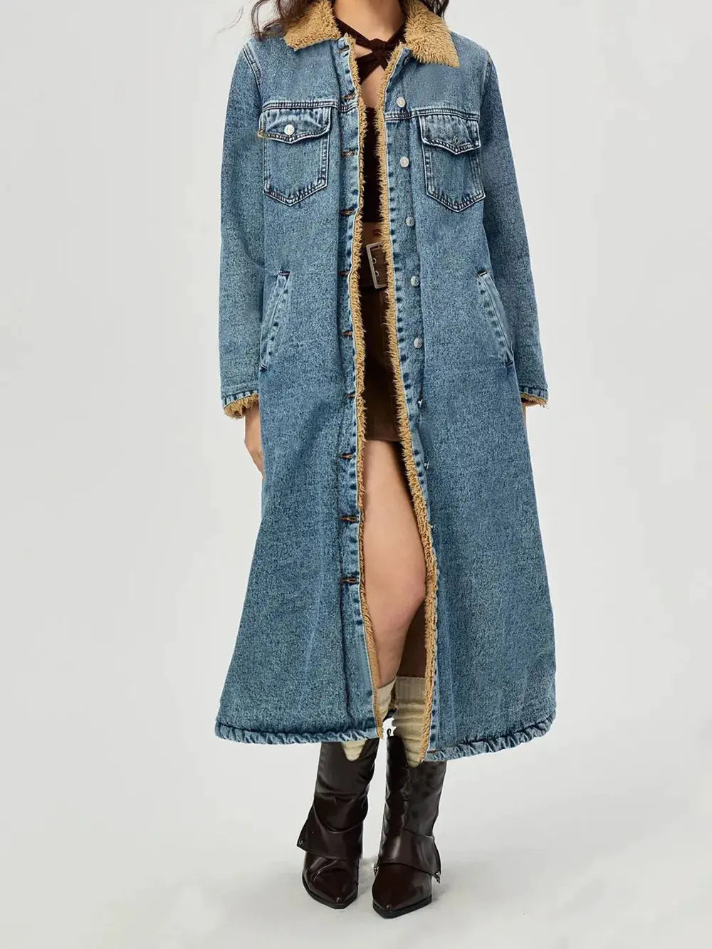 Pocketed Button Up Denim Jacket with Fur Lining by Partner Label