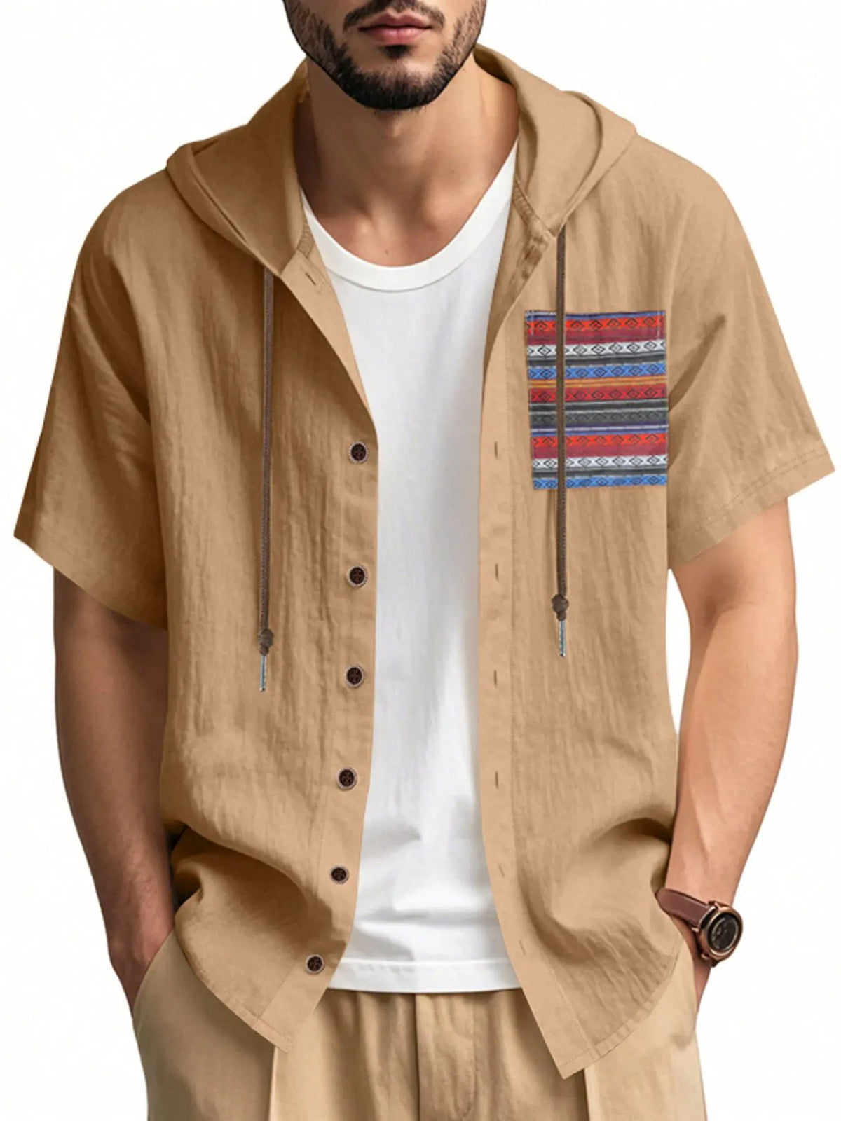 Men's Full Size Casual Hooded Short Sleeve Shirt Plus Size by Trendsi