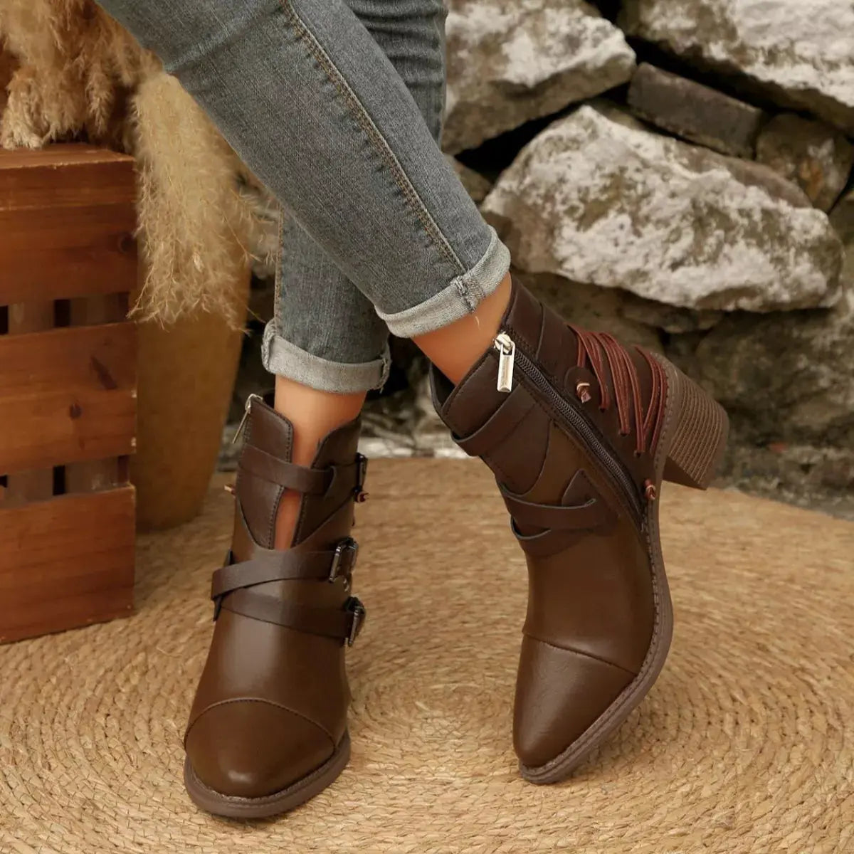 Point Toe Buckle Strap Ankle Boots with Block Heels by Partner Label