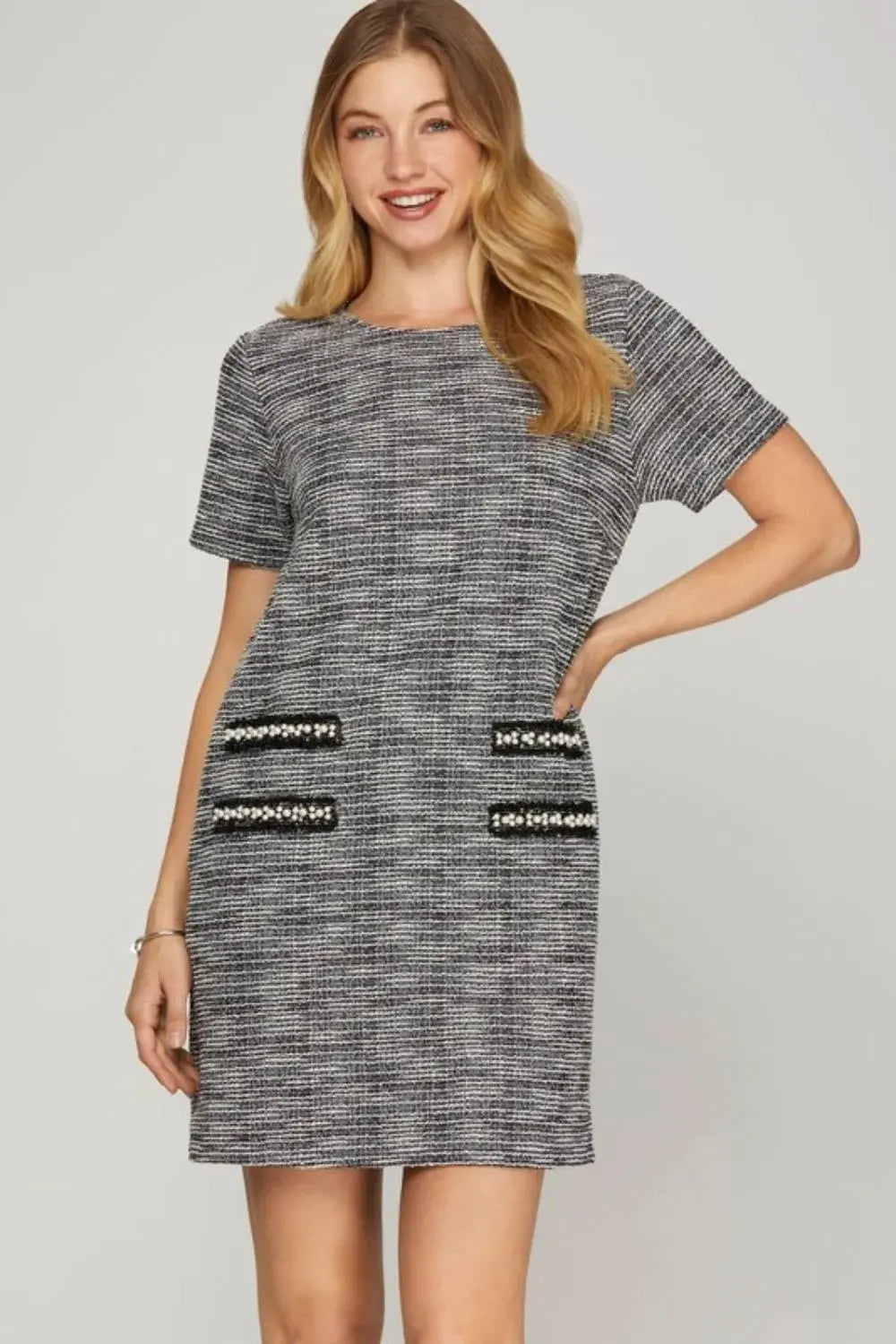 She + Sky Full Size Short Sleeve Pearl Studded Trim Knit Tweed Dress Plus Size by She + Sky
