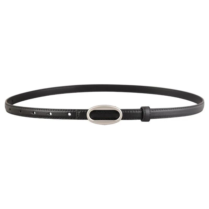 Oval Buckle Skinny Leather Belt by Trendsi