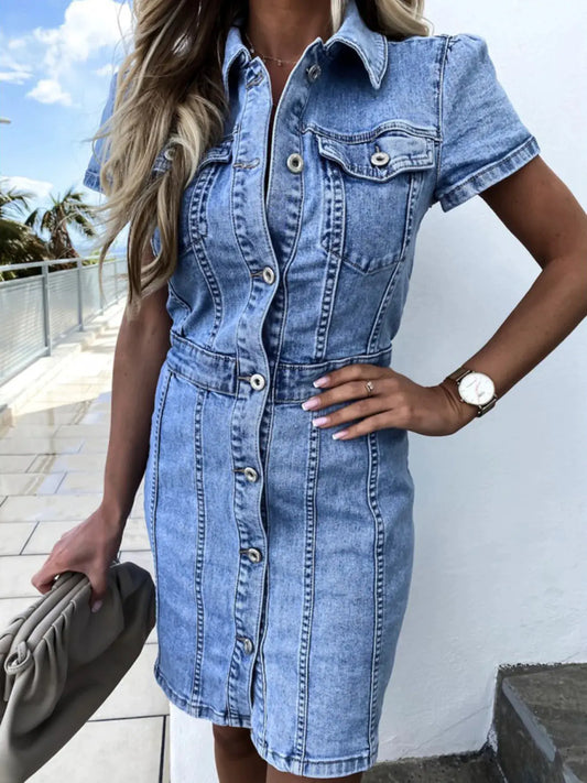 Button Front Short Sleeve Denim Dress by Partner Label