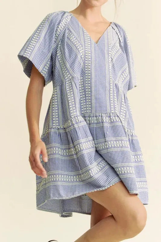 Davi & Dani Embroidered Stripe Ruffled Gingham Mini Dress by Davi & Dani