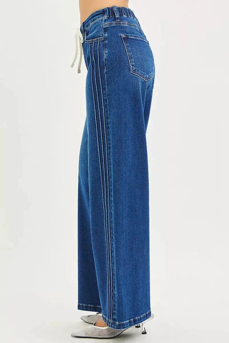 RISEN Full Size Mid Rise Wide Side Pintuck Jeans with Front Drawstring Plus Size by RISEN
