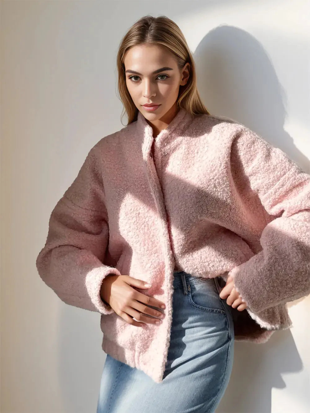 Double Take Plush Mock Neck Snap Down Jacket with Pockets by Double Take