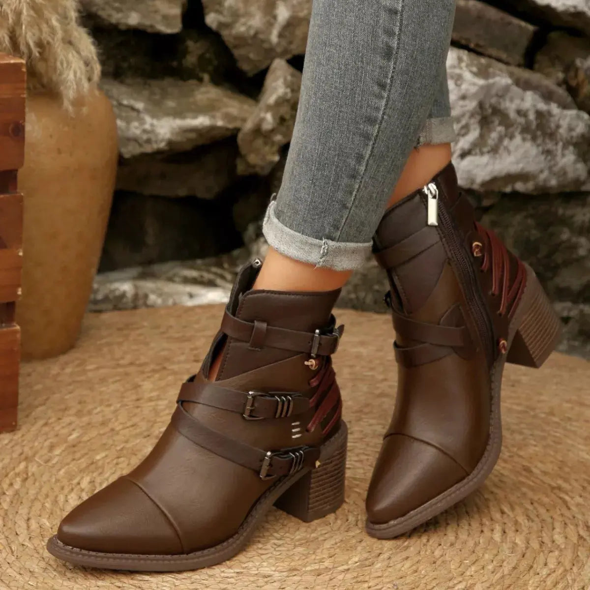 Point Toe Buckle Strap Ankle Boots with Block Heels by Partner Label