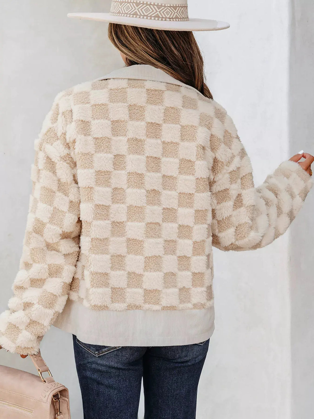 Checker Sherpa Corduroy Patchwork Zip Up Jacket by Partner Label