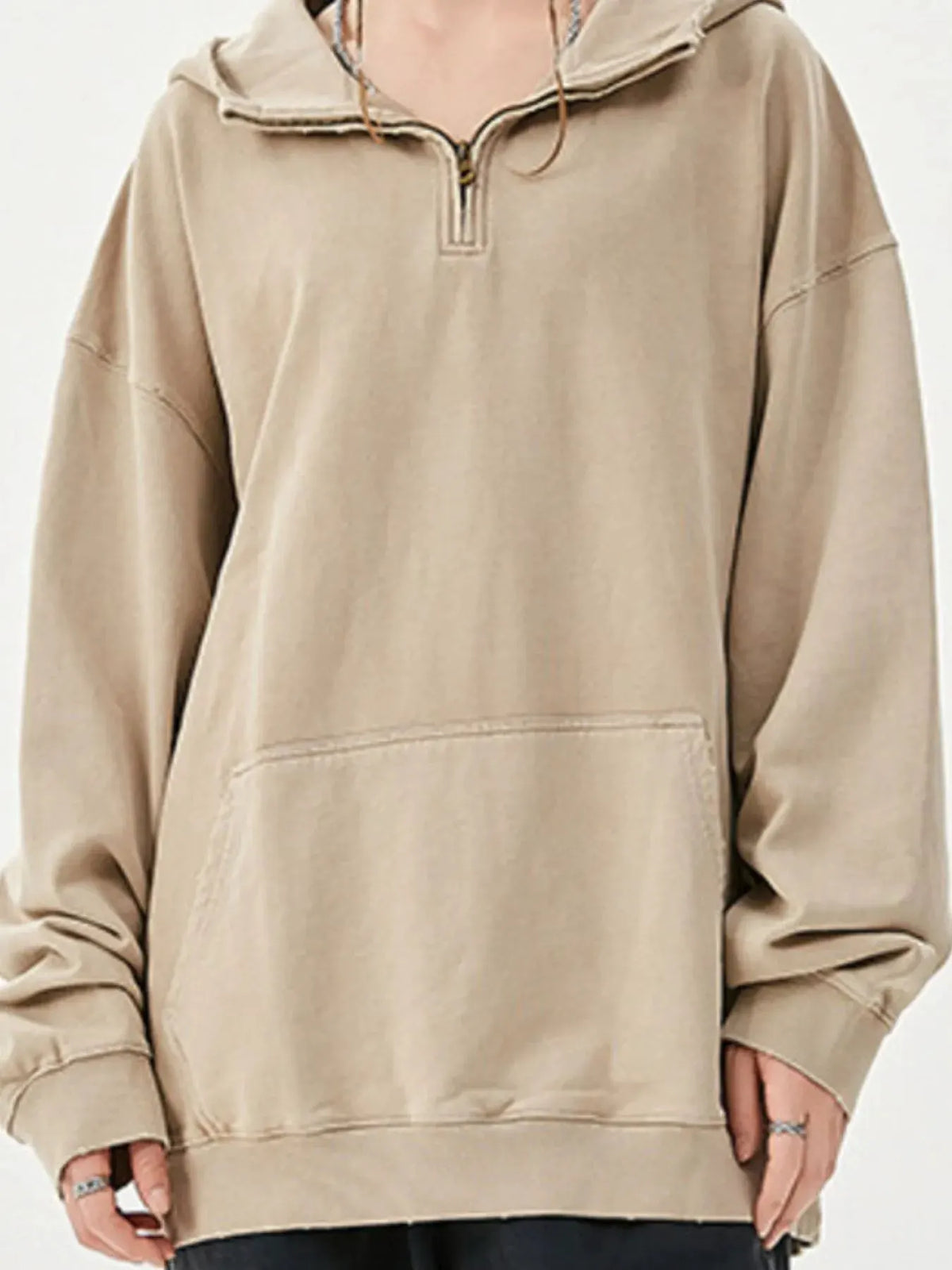 Men's Washed Quarter-Zip Hoodie with Kangaroo Pocket by Trendsi