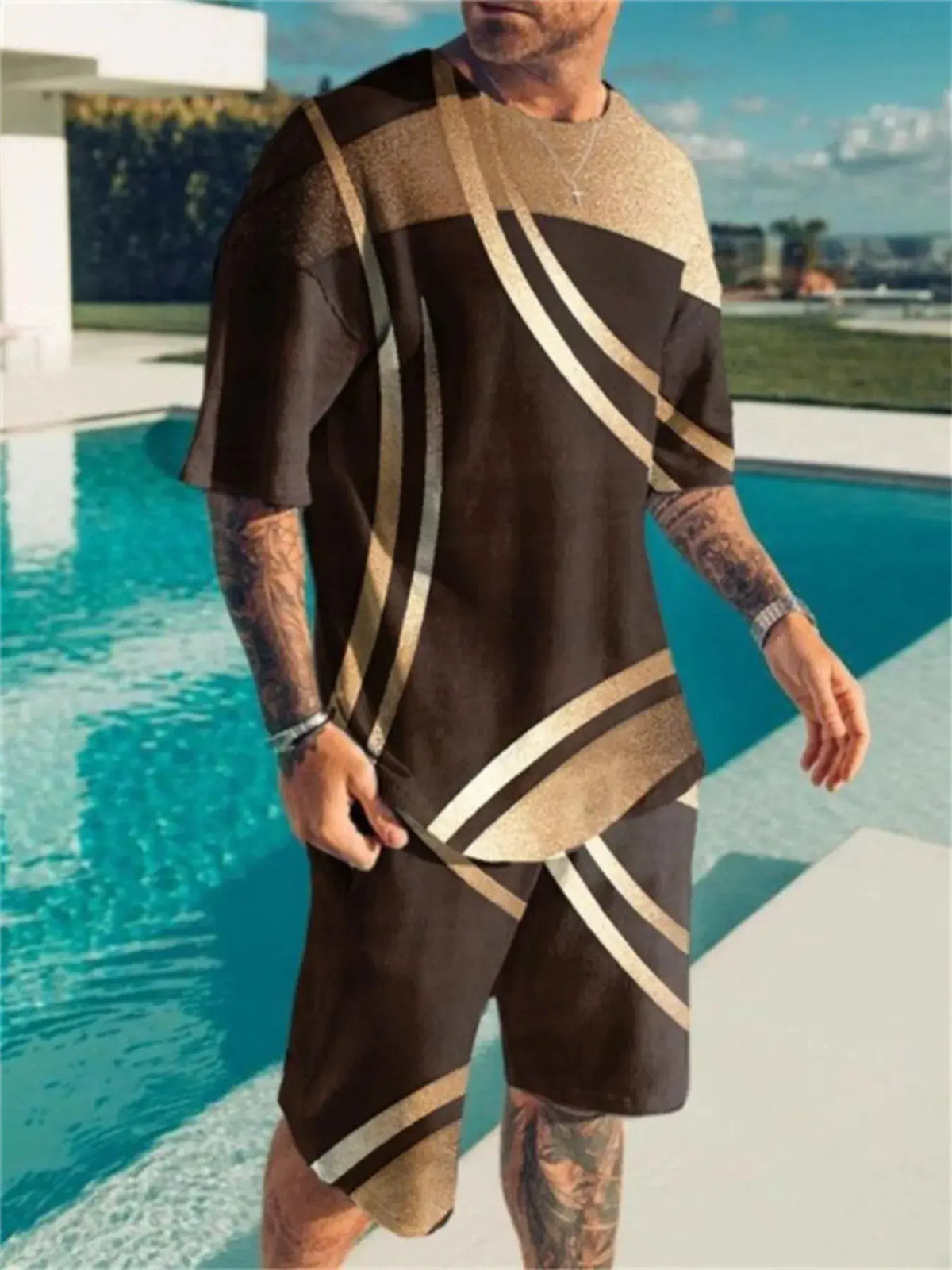 Men's Full Size Contrast Short Sleeve Top and Shorts Set Plus Size by Trendsi
