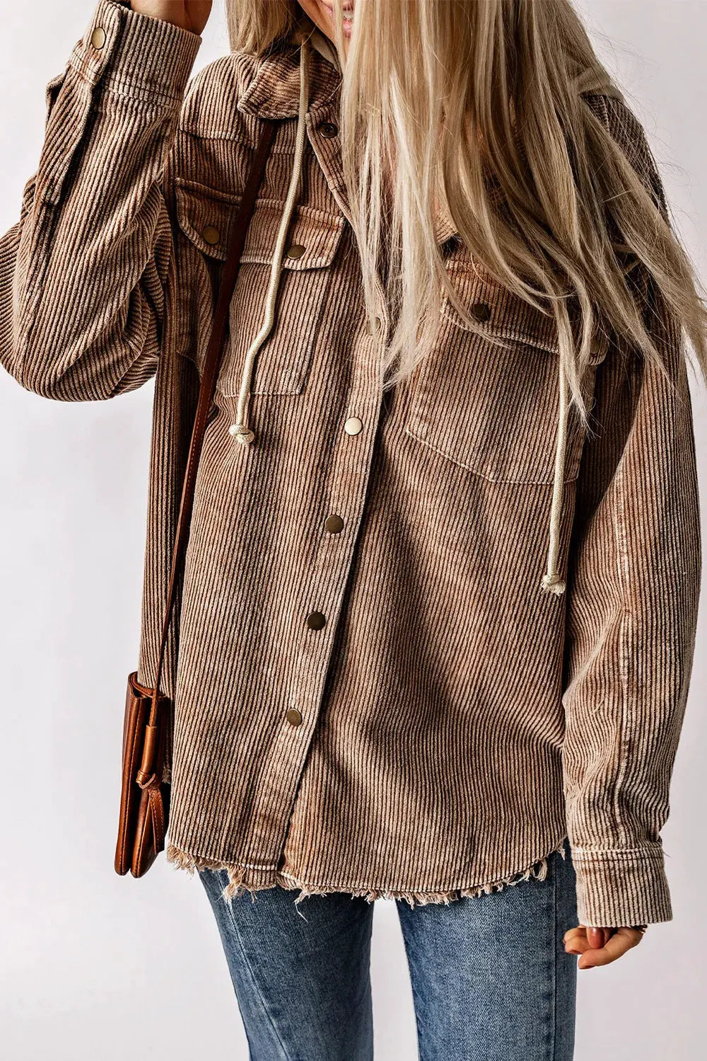 Snap Front Hooded Corduroy Shacket by Partner Label