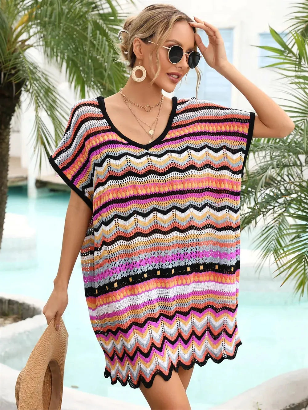 Angel Wings Rainbow Stripe Scalloped V-Neck Cover-Up Dress by Angel Wings