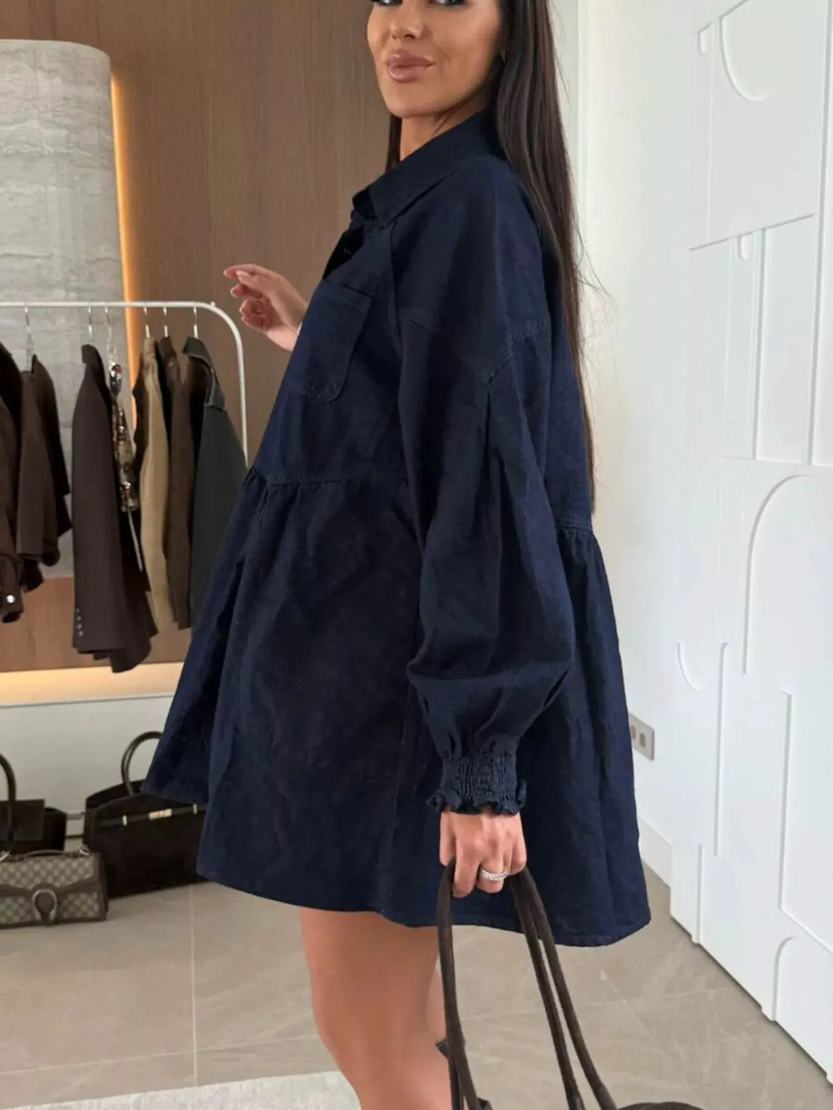 Button Down Mini Denim Dress with Front Pockets by Partner Label
