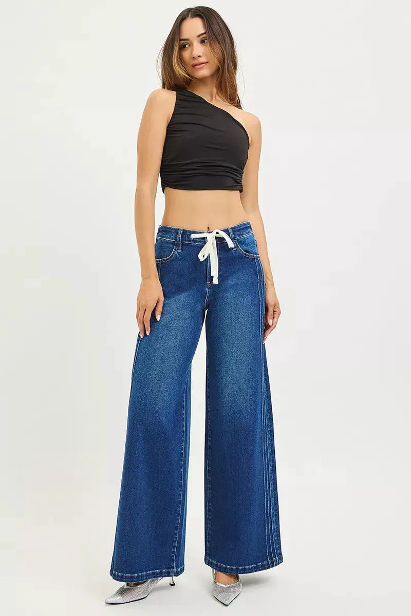 RISEN Full Size Mid Rise Wide Side Pintuck Jeans with Front Drawstring Plus Size by RISEN