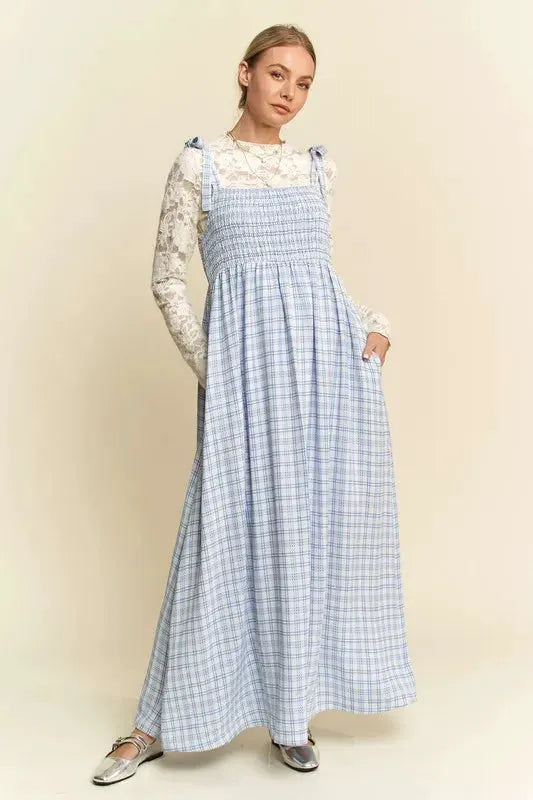 Davi & Dani Plaid Smocking Sleeveless Maxi Dress by Davi & Dani