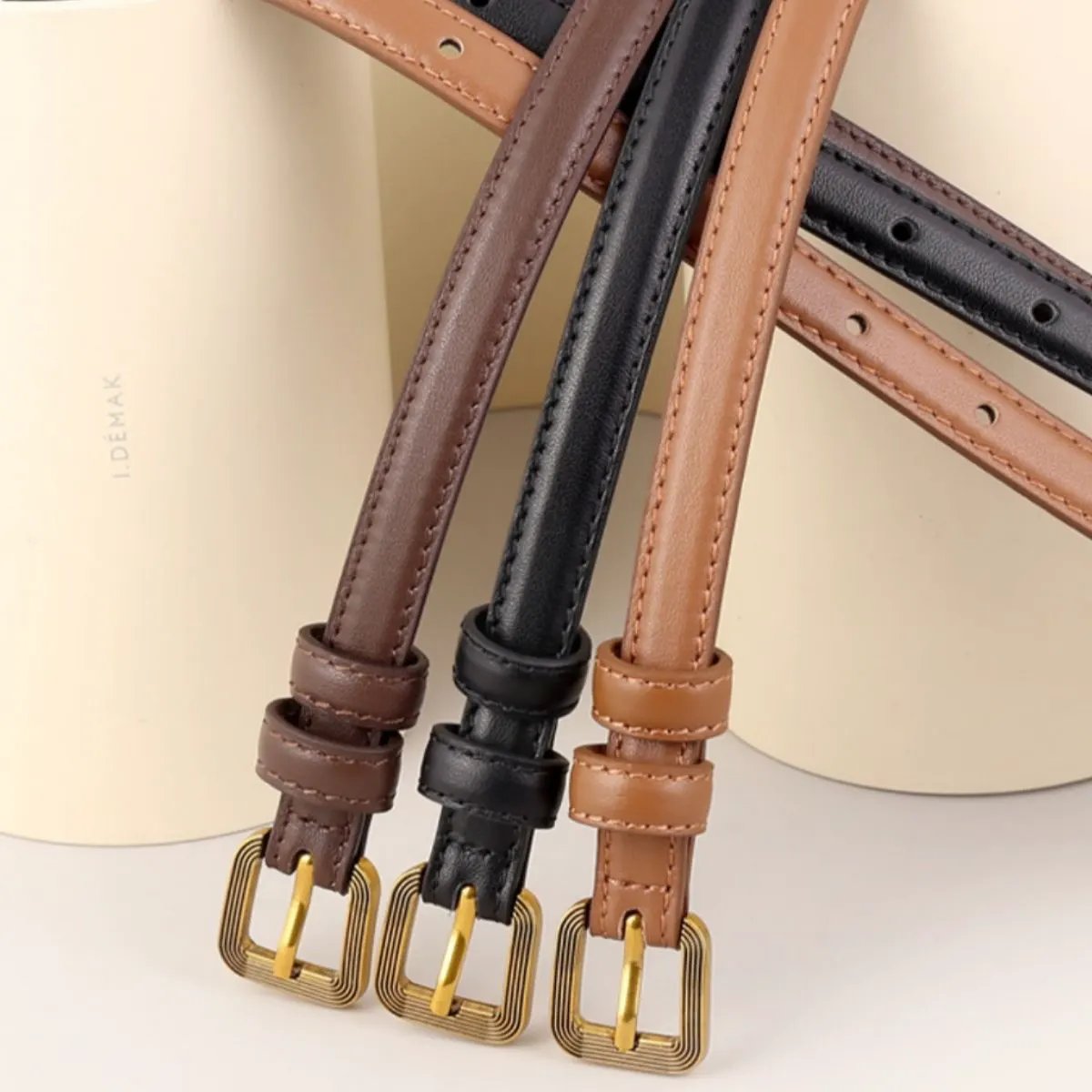Leather Skinny Belt with Buckle by Trendsi