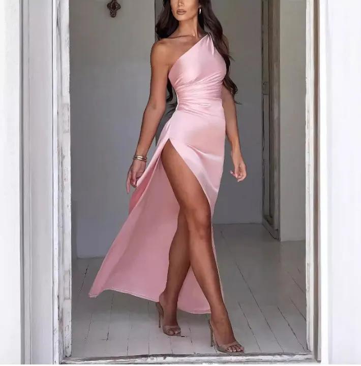 Sexy One-shoulder Backless Slit Dress Summer Elegant Slim-fit Solid Color Satin Dresses For Women by Maiden-Art