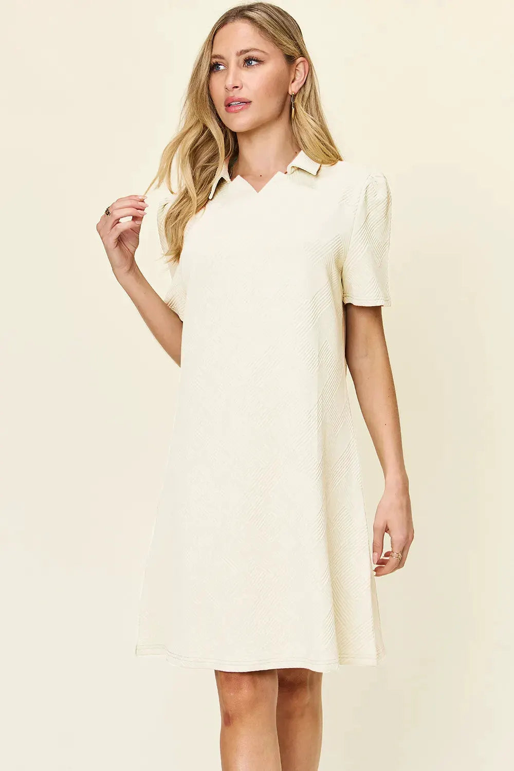 Double Take Full Size Texture Collared Neck Short Sleeve Dress by Double Take