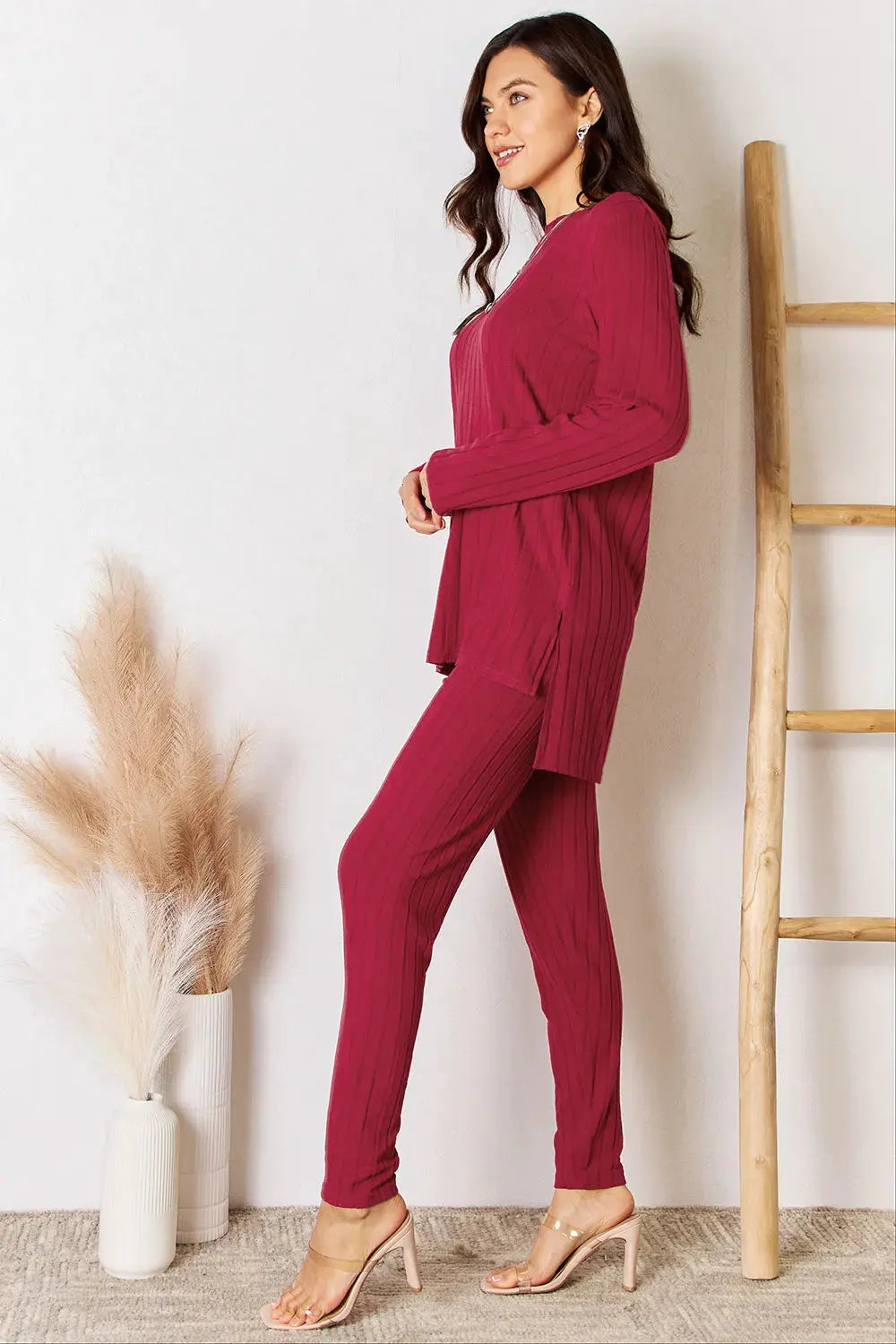 Basic Bae Full Size Ribbed Round Neck High-Low Slit Top and Pants Set by Basic Bae