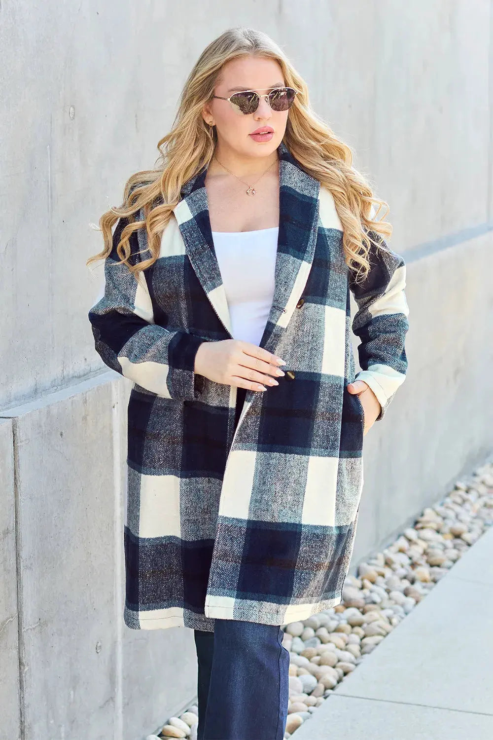 Double Take Full Size Plaid Button Up Lapel Collar Coat by Double Take