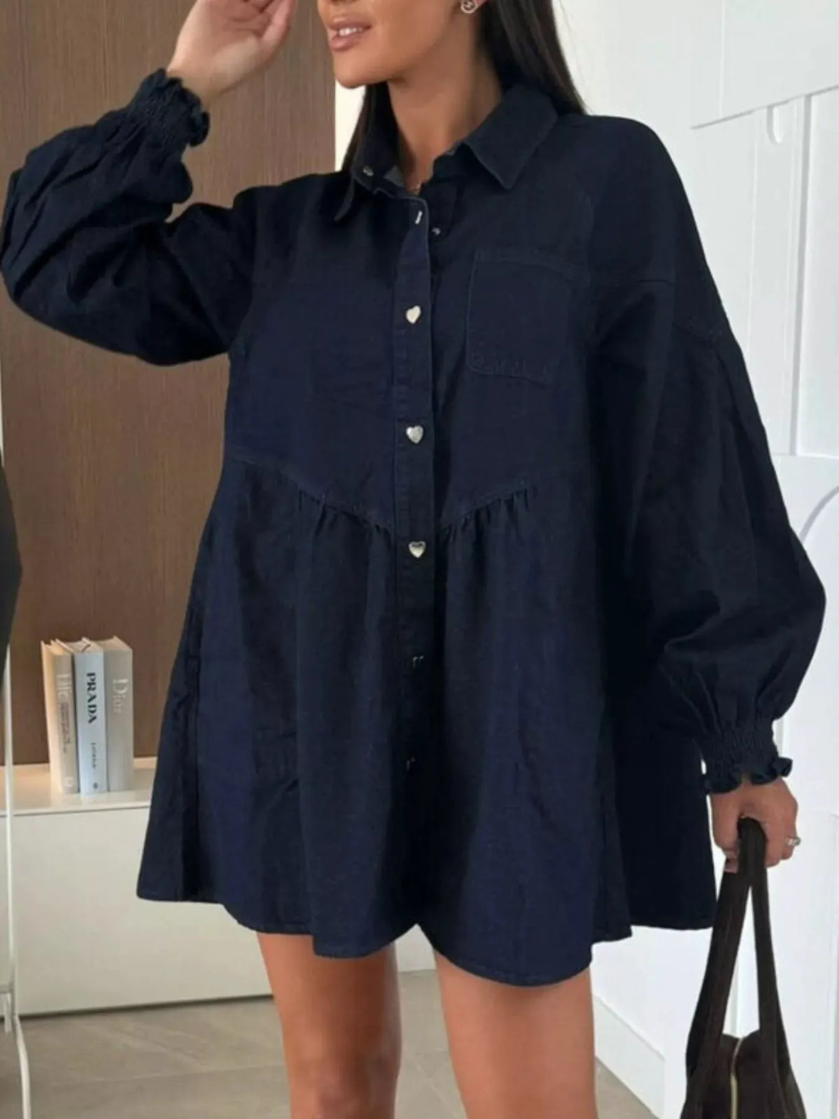 Button Down Mini Denim Dress with Front Pockets by Partner Label