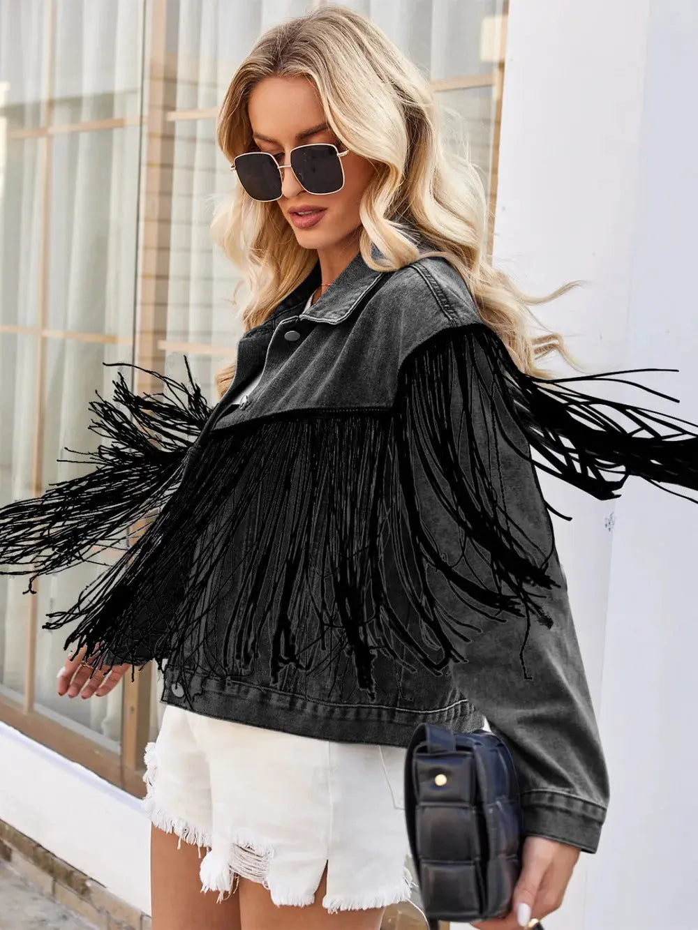 Tassel Button Up Dropped Shoulder Denim Jacket by Partner Label