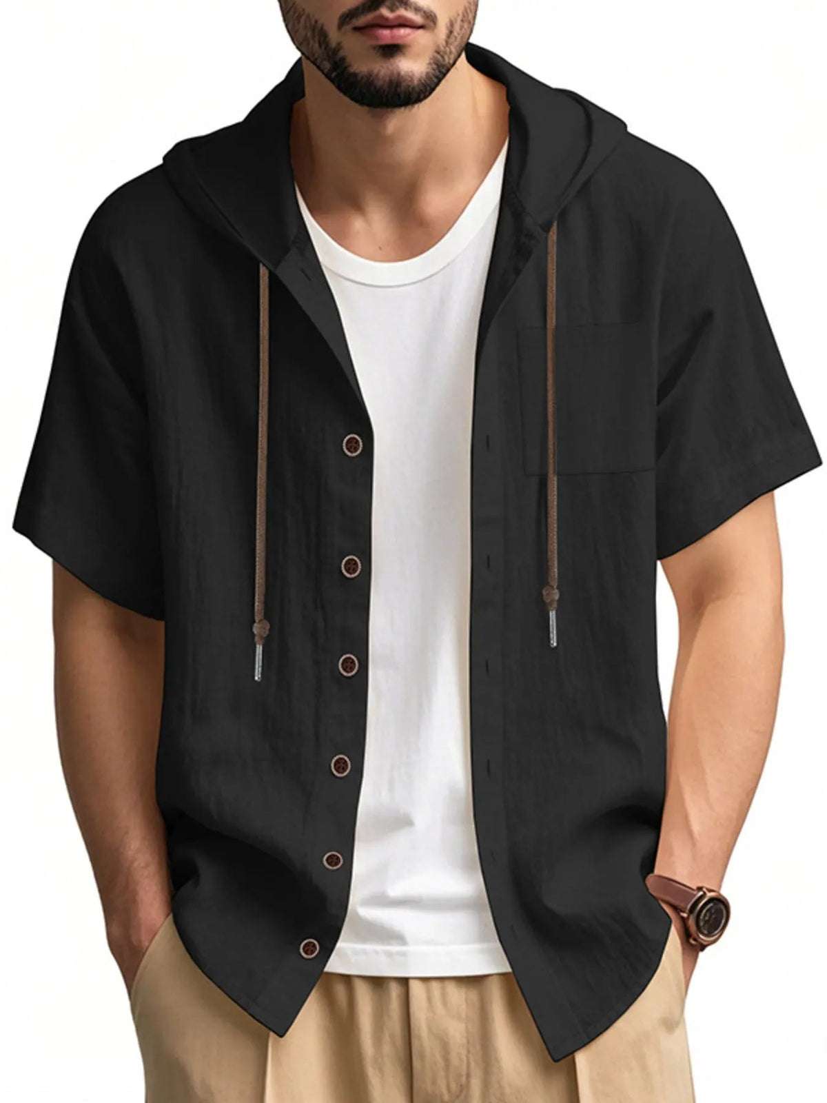 Men's Full Size Casual Hooded Short-Sleeve Shirt Plus Size by Trendsi