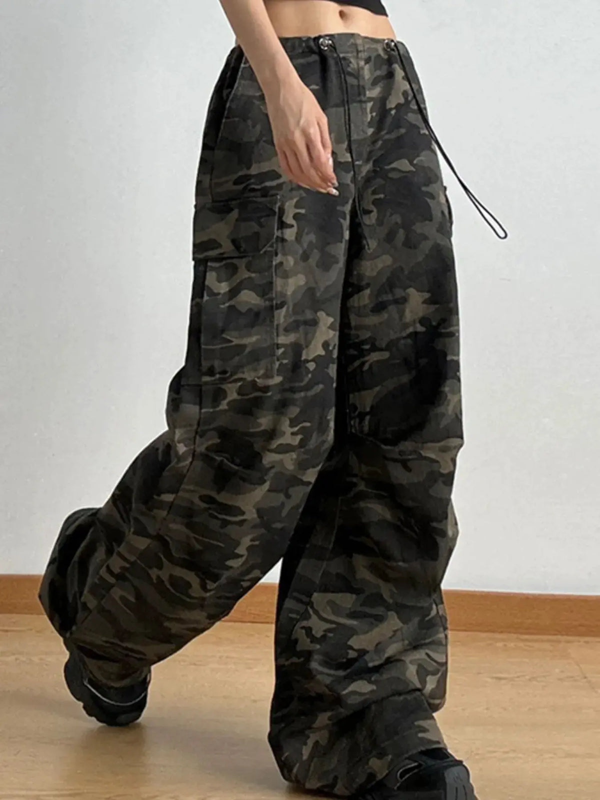 Drawstring Camouflage Cargo Wide Leg Jeans by Partner Label