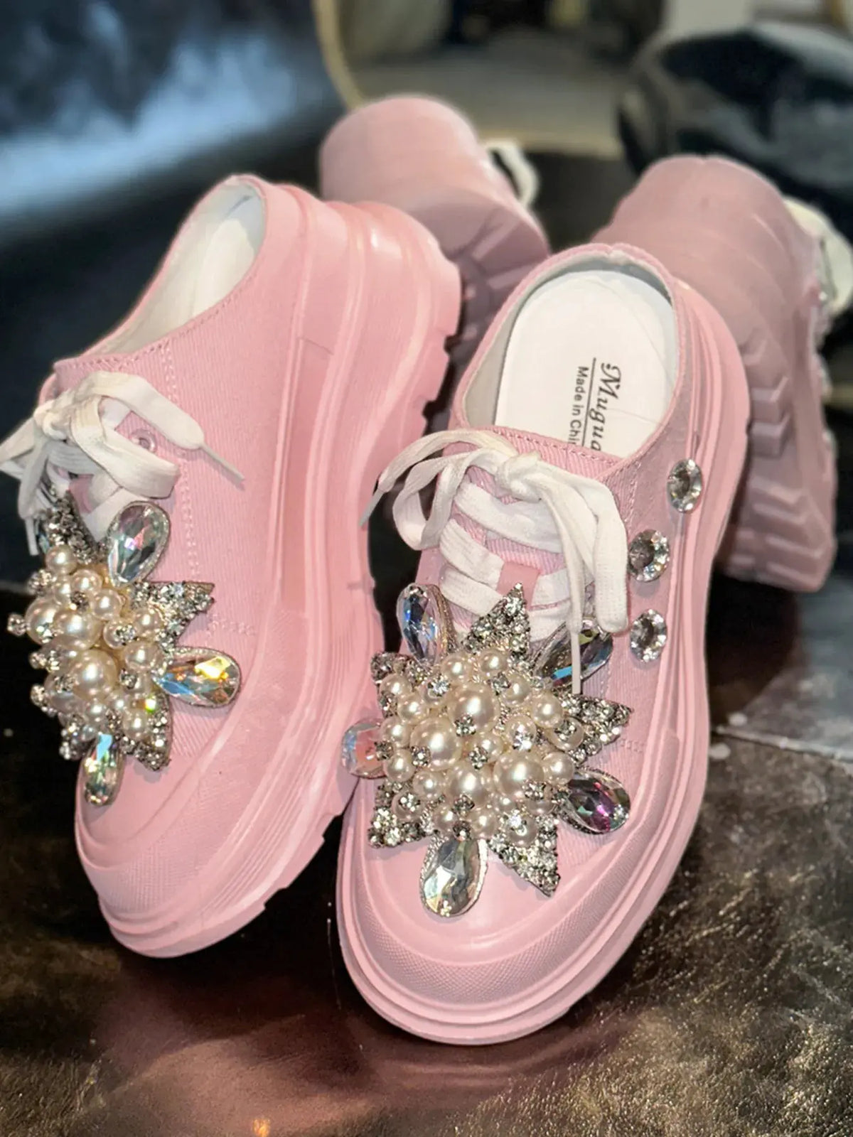 Pearl Embellished Platform Slip-Ons by Partner Label