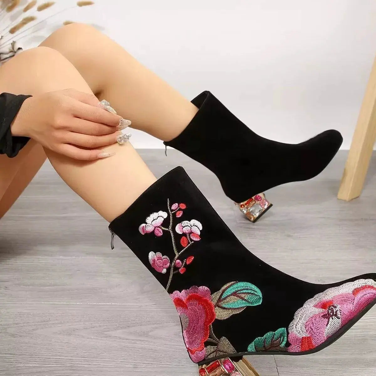 Floral Embroidered Rhinestone Block Heel Boots by Partner Label