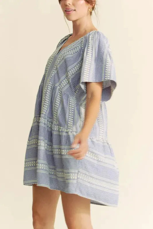Davi & Dani Embroidered Stripe Ruffled Gingham Mini Dress by Davi & Dani