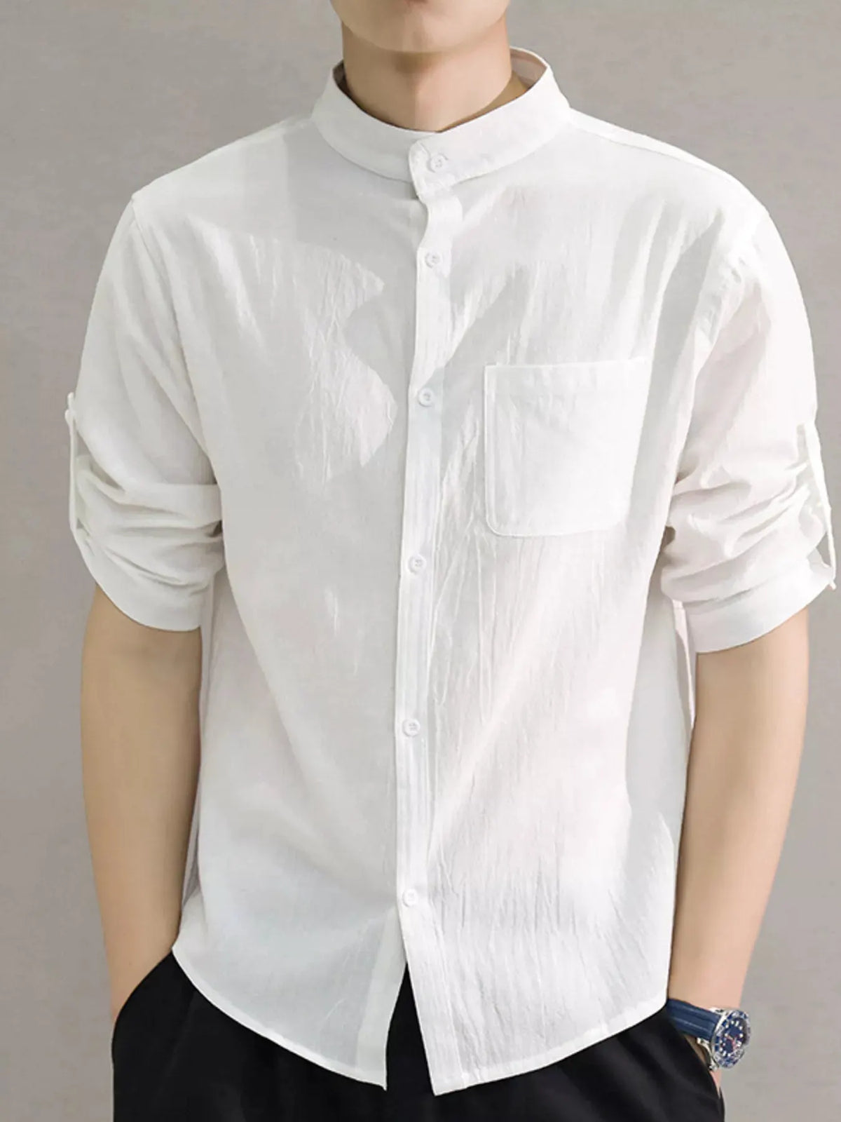 Men's Plus Size Button Up Roll-Up Sleeve Shirt by Trendsi