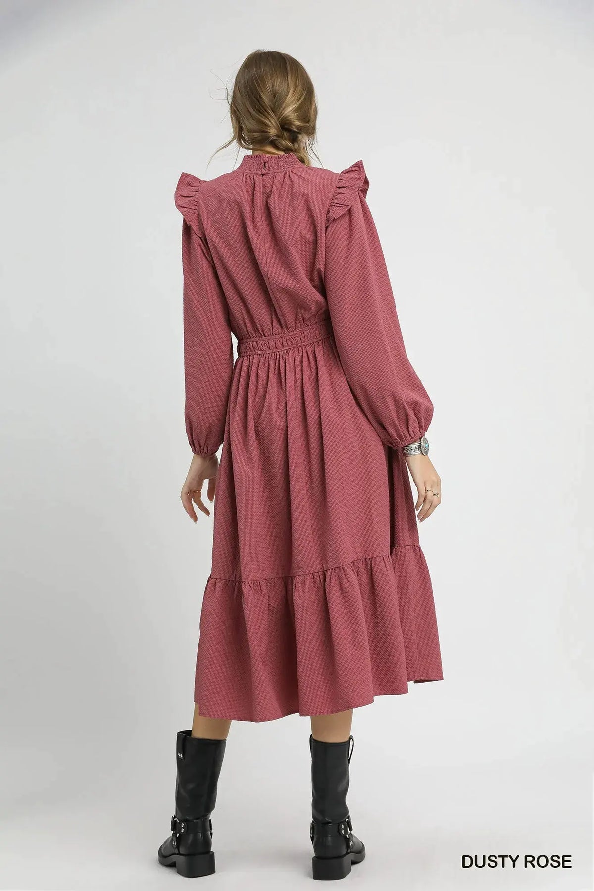 Umgee Textured Midi Dress with Ruffle Shoulder Detail by Umgee