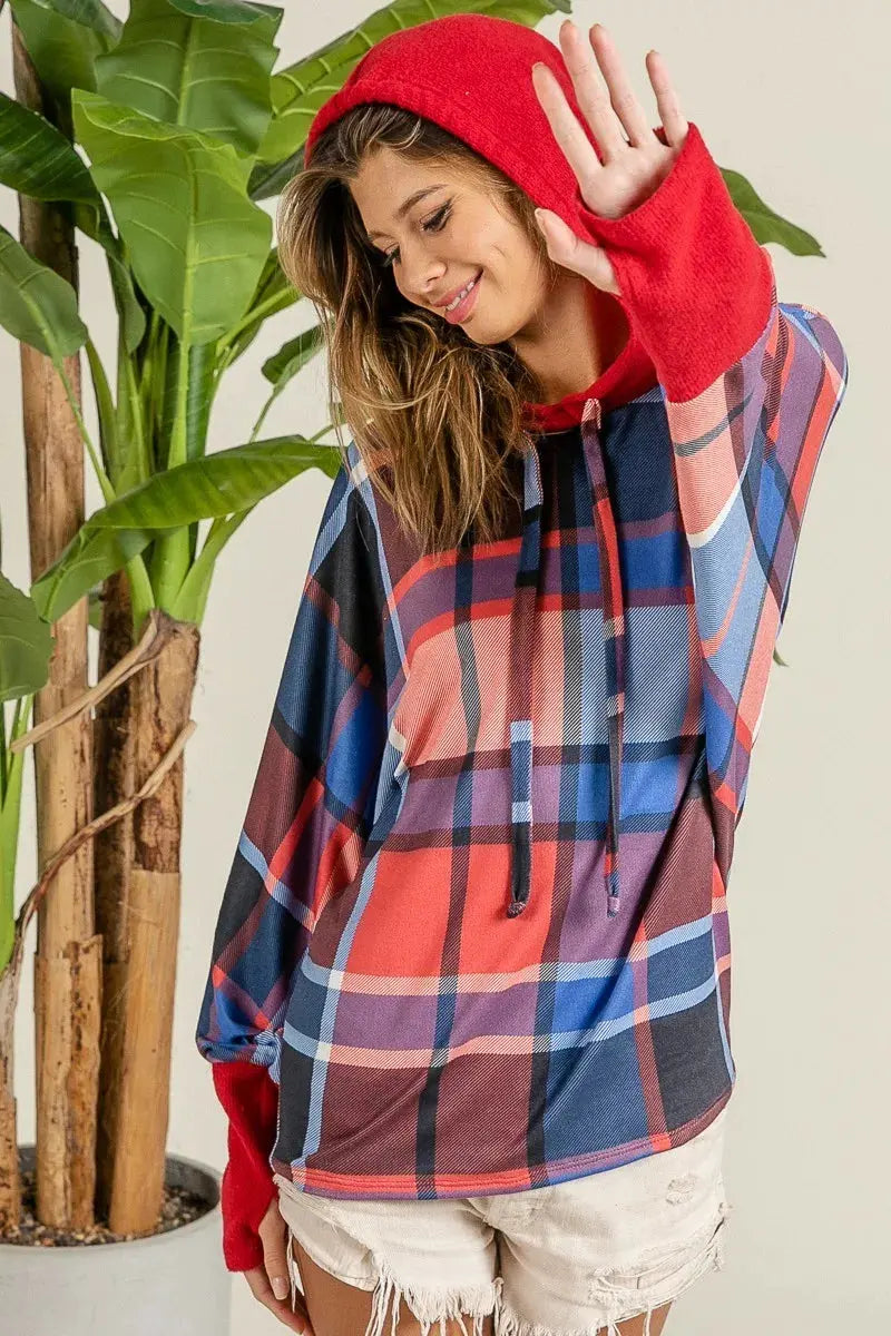 BiBi Plaid Mirr Brushed Rib Contrast Thumb Open Hoodie by BiBi